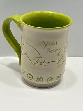 Cute Hand Made Pottery Mug Yogi Bears Lime Green/Off White Ceramic